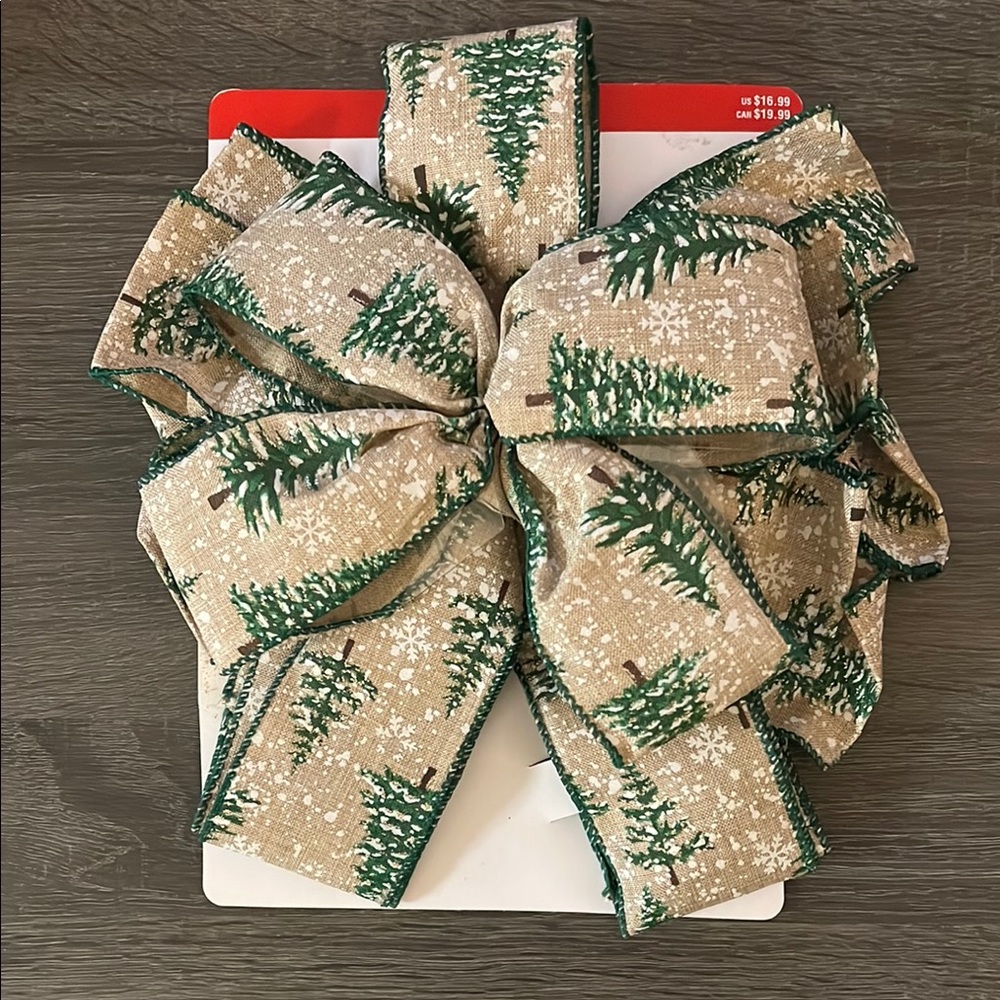 Festive Green and Tan Bow with Tree Design
